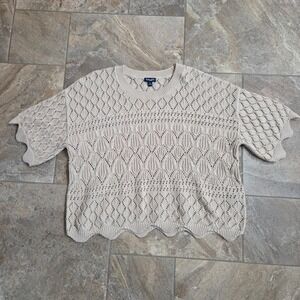 Splendid Women L Beige Knit Sweater Crocheted Short Sleeve Scalloped Hem Boho